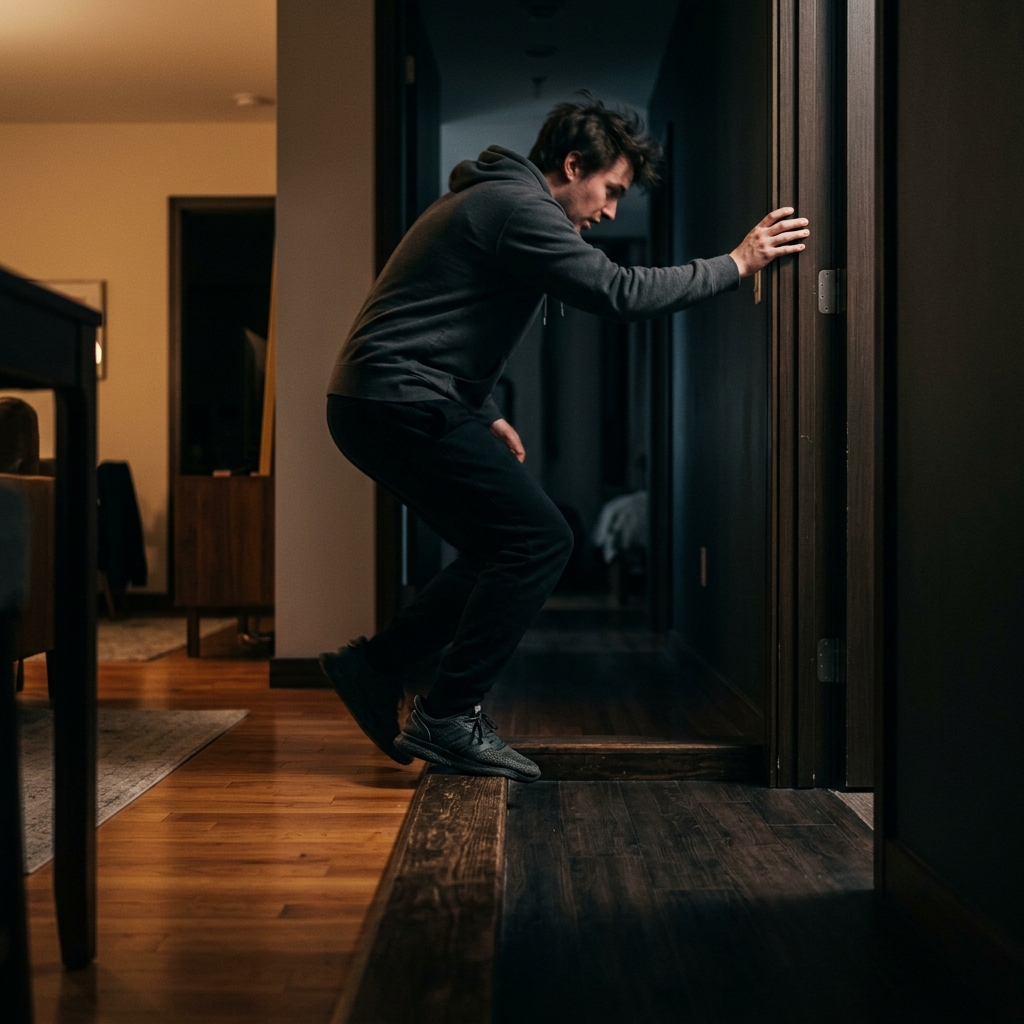 어두운 집안에서 문턱을 넘다 발이 걸린 장면