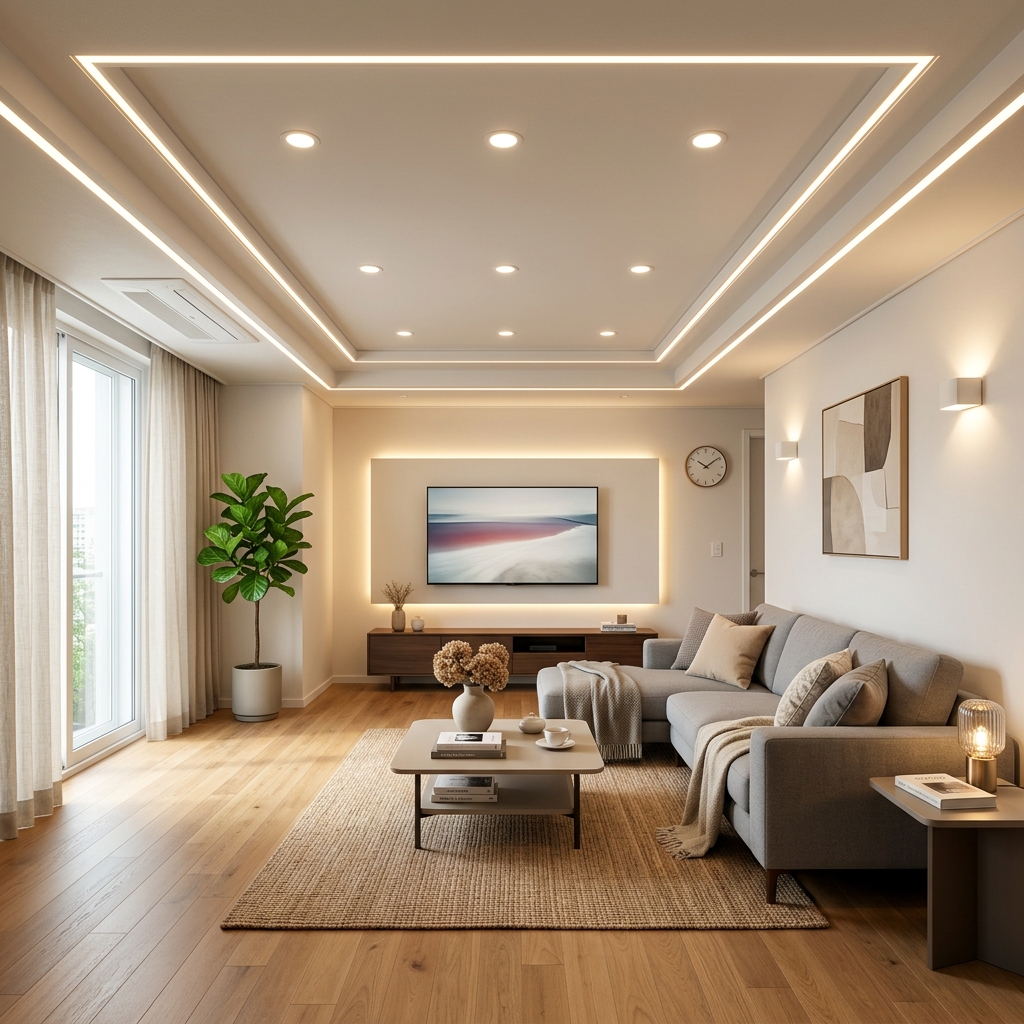LED 조명이 설치된 밝은 거실 장면