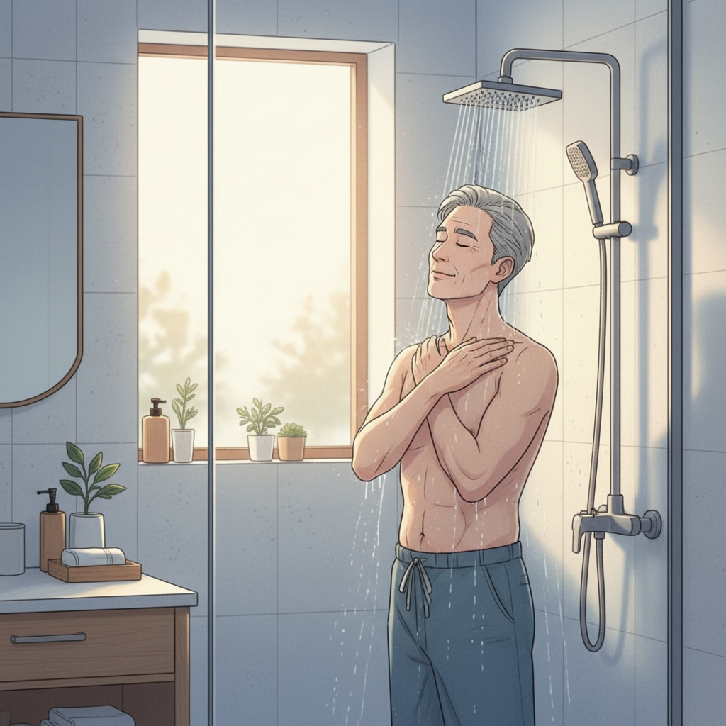 미지근한 물로 짧게 샤워하는 한국인 시니어의 모습