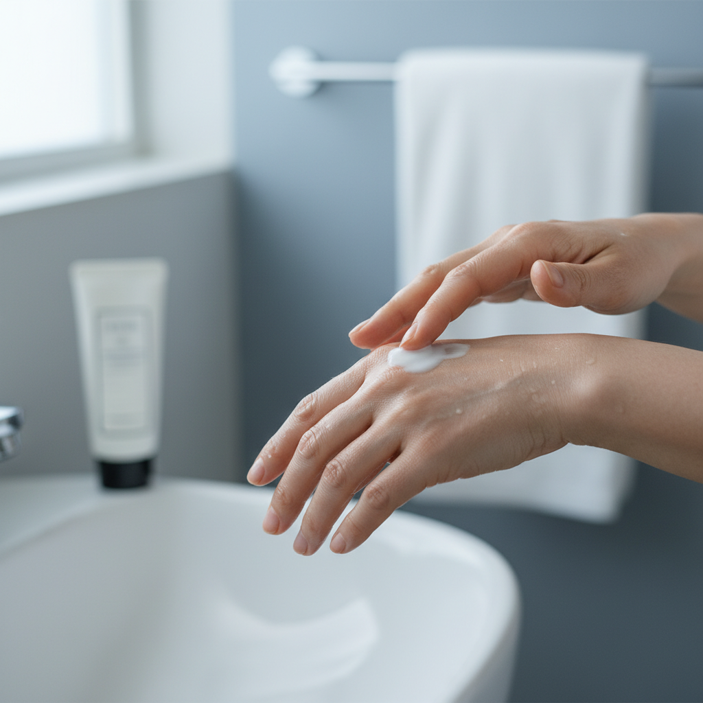 샤워 후 보습제를 바르는 한국인 시니어 손 클로즈업