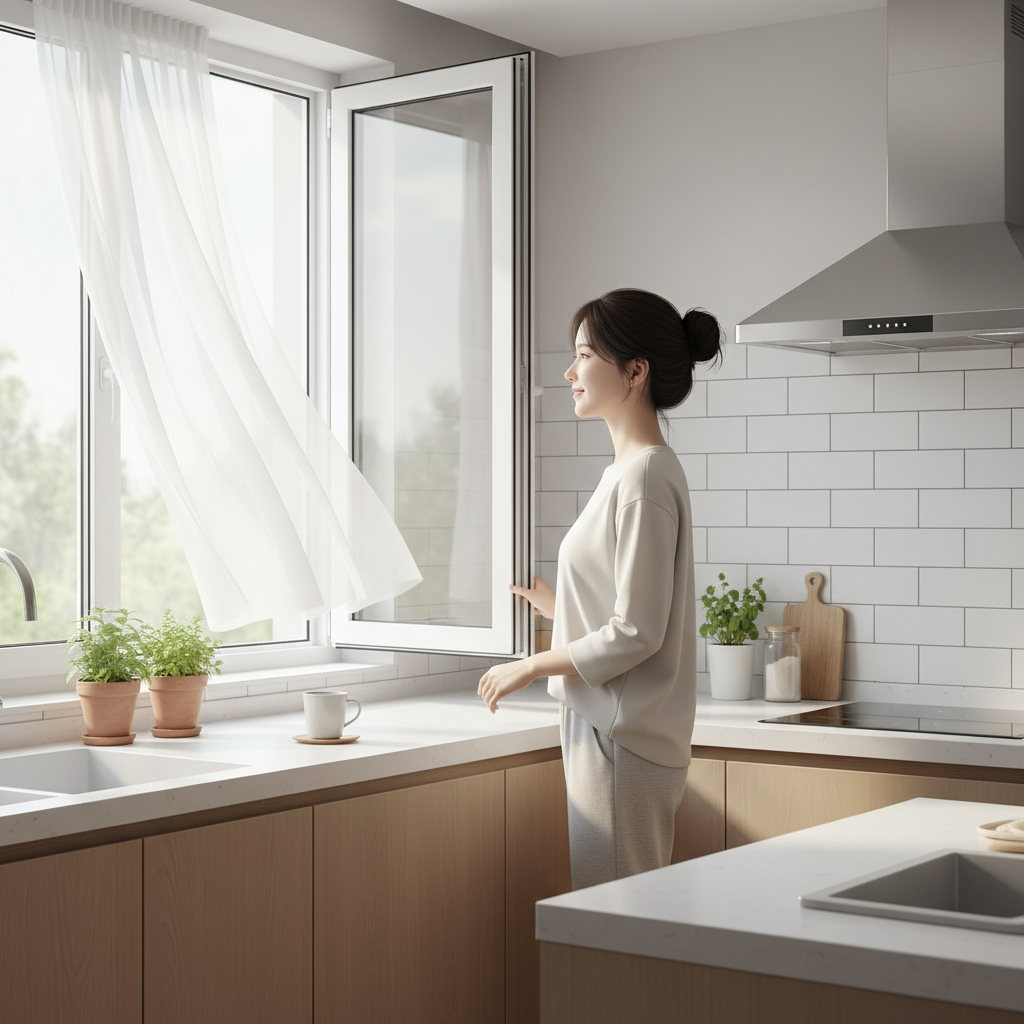 주방에서 창문을 열고 환기하는 한국인 여성의 모습