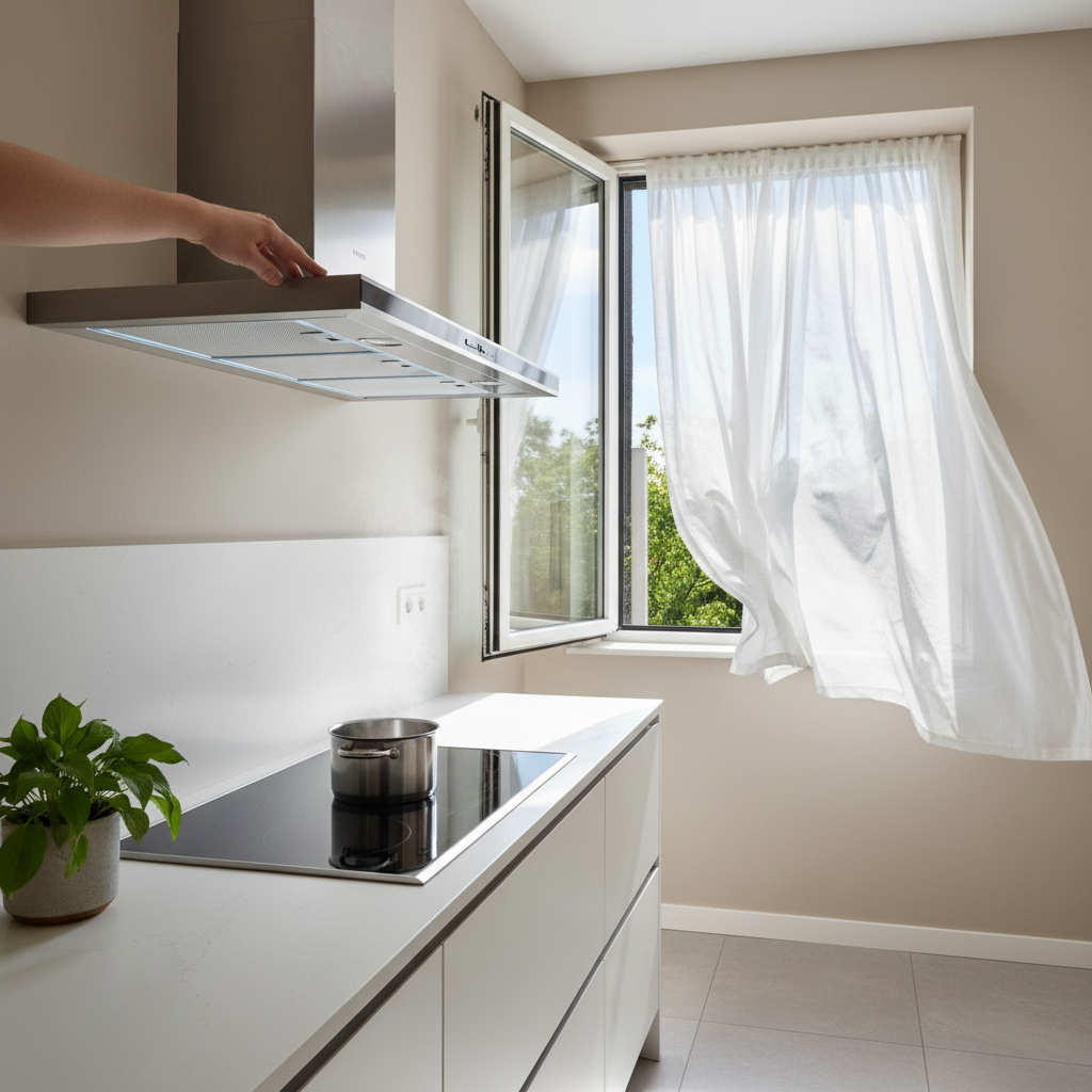 주방 레인지후드를 작동시키며 창문을 열어둔 실내 환기 장면