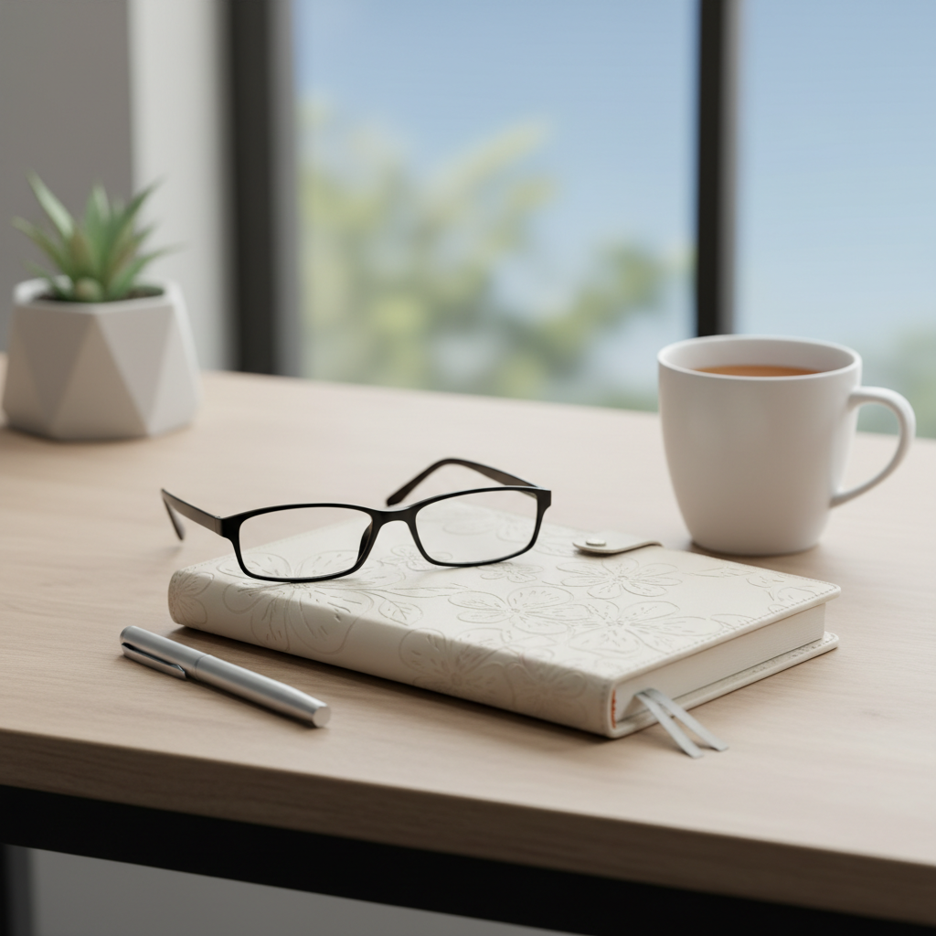 일기장과 안경이 놓인 책상 위 모습