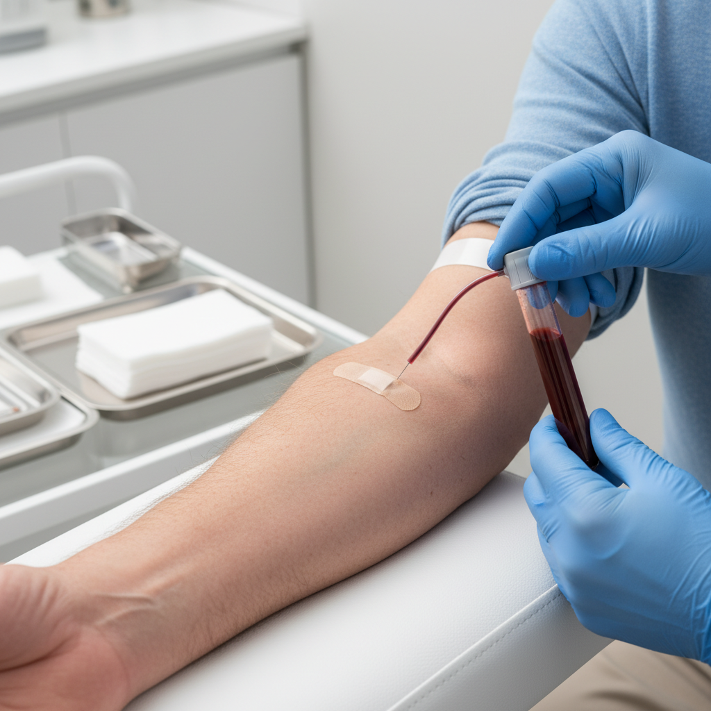 PSA 혈액검사를 받는 70대 남성의 팔과 채혈 장면