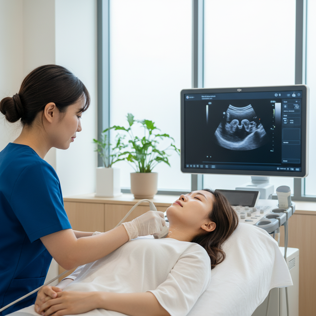 갑상선 초음파 검사를 받는 30대 한국 여성