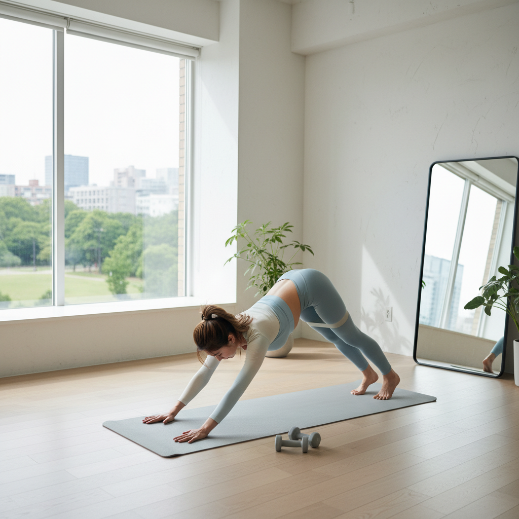 가벼운 홈트레이닝을 하는 30대 여성의 모습