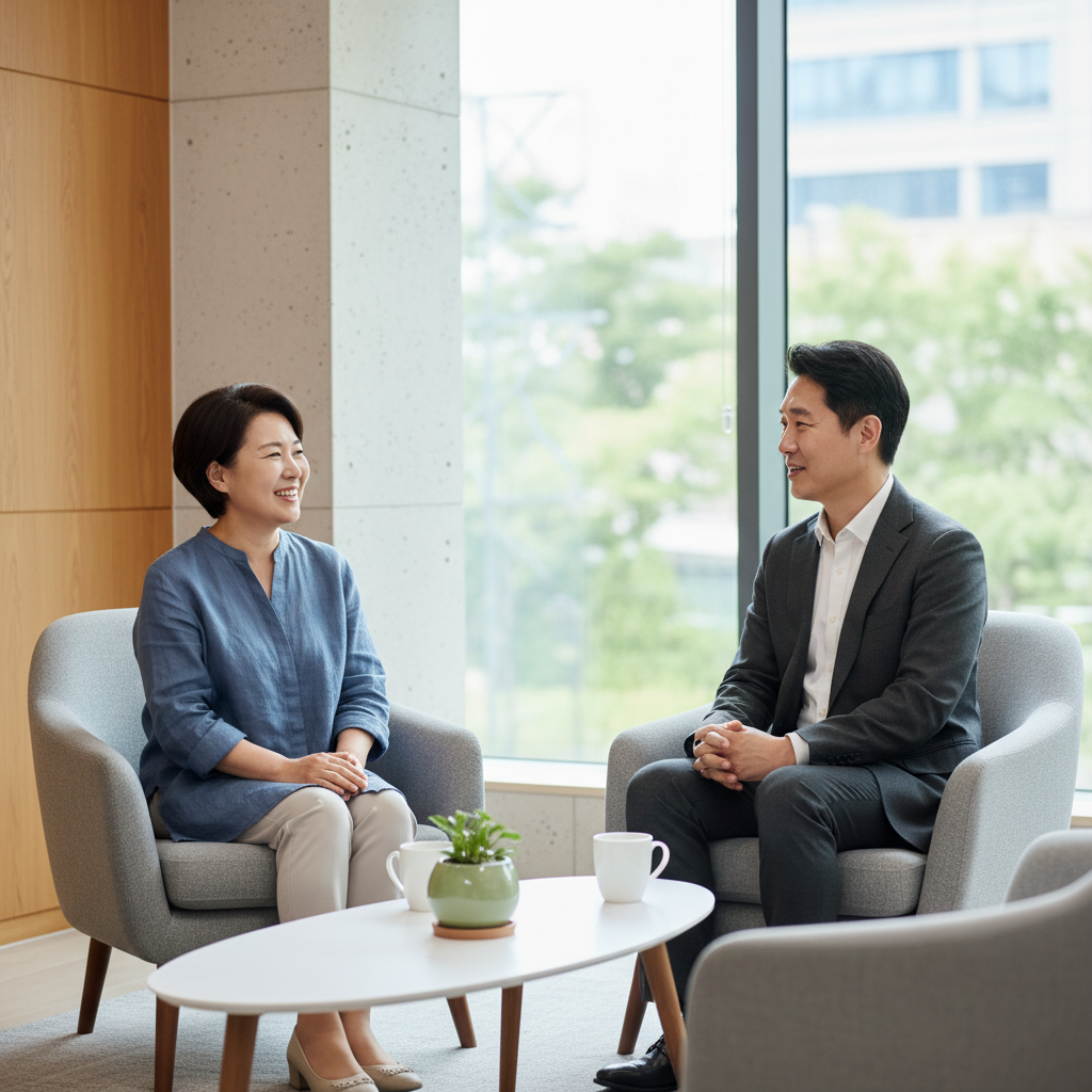50대 이상 한국인이 상담실에서 전문가와 편안하게 대화하는 장면