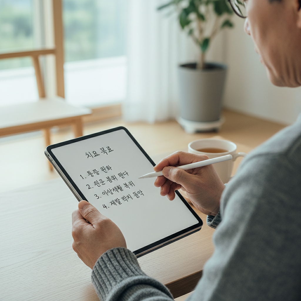 50대 이상 한국인이 메모장에 치료 목표를 정리하는 모습