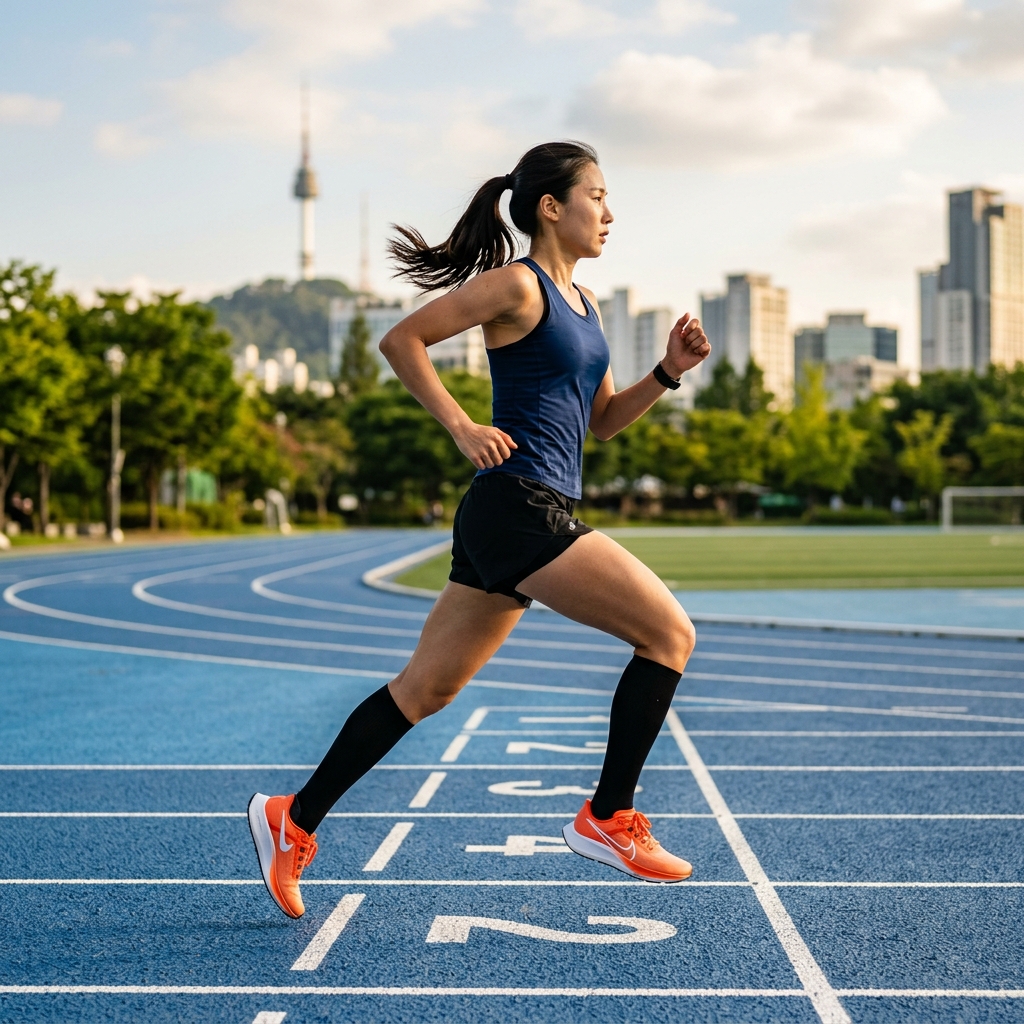 러닝화를 신고 트랙을 달리는 한국인 여성의 측면 모습