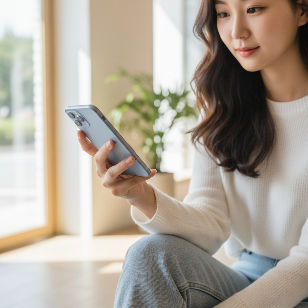 한국인 여성이 한 손으로 스마트폰을 들고 있는 모습, 새끼손가락에 기기가 걸쳐진 장면