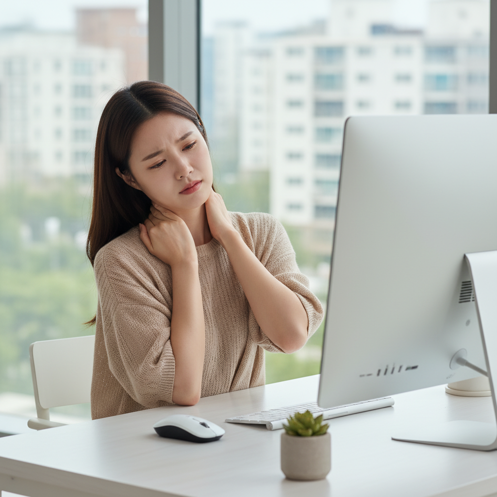 한국인 여성이 책상 앞에서 목과 어깨를 만지며 불편함을 느끼는 모습