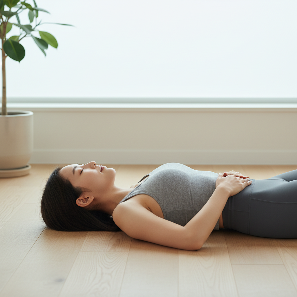 한국인 여성이 바닥에 누워 양손을 갈비뼈 옆구리에 대고 복압 호흡을 연습하는 장면