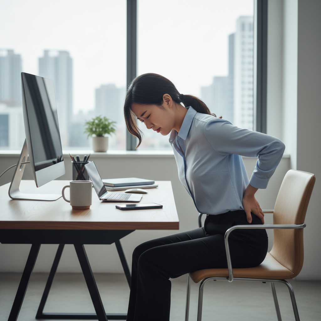 책상 앞에 오래 앉아 허리를 움켜쥐고 있는 한국인 직장인의 모습