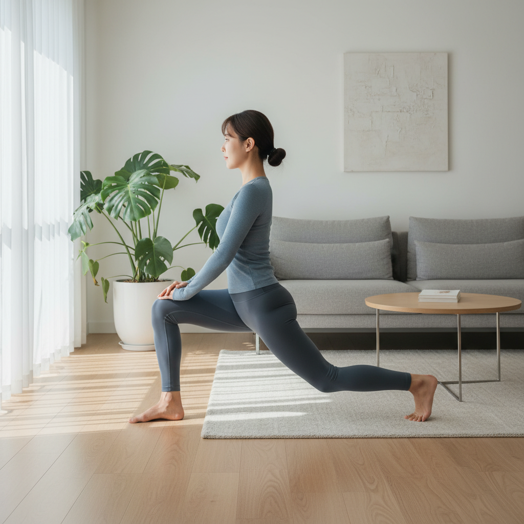 거실 바닥에서 런지 자세로 스트레칭하는 한국인 여성의 측면 모습