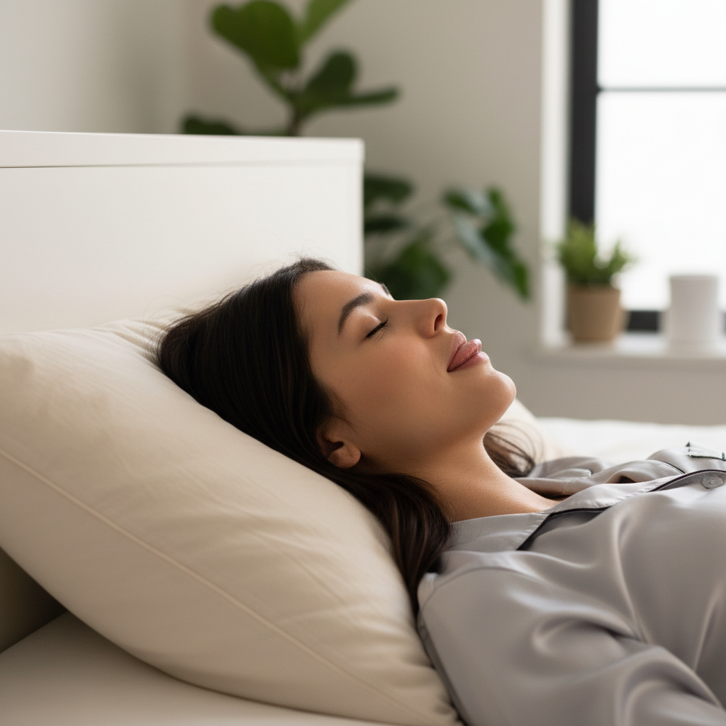 잠들기 전 혀 끝을 입천장에 가볍게 대고 턱 힘을 빼는 연습을 하는 여성의 모습