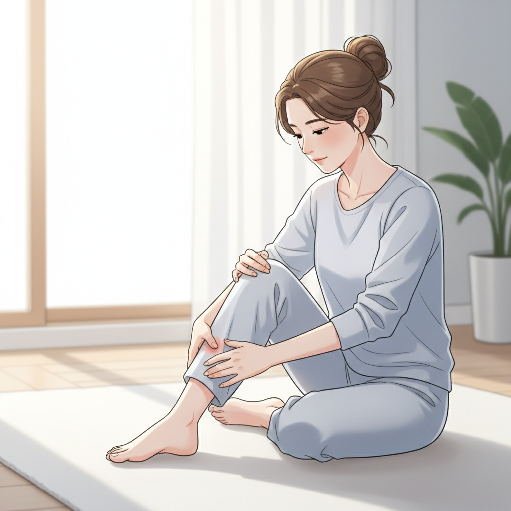 손목과 발목 부위에서 부종을 확인하는 한국인 여성의 모습