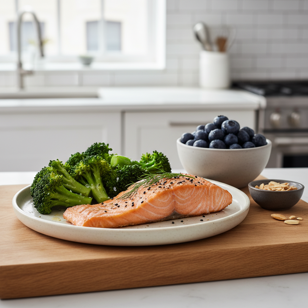 브로콜리, 블루베리, 연어가 담긴 항산화 식단 한 상