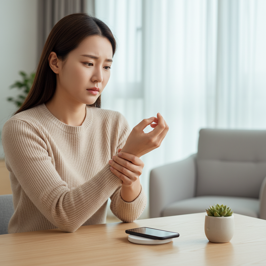 한국인 여성이 스마트폰을 오래 사용하다가 손목을 움켜쥐고 있는 모습