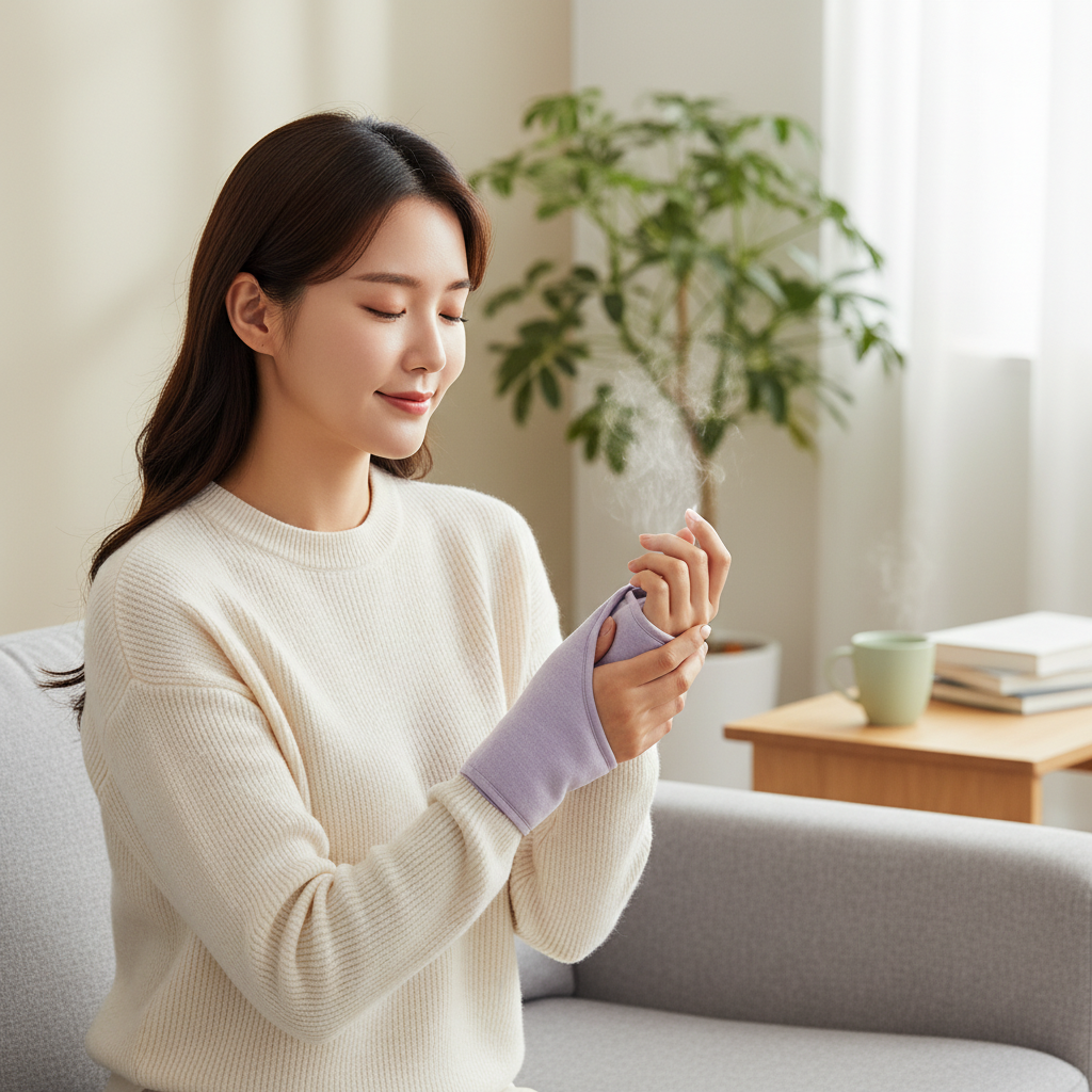 한국인 여성이 손목에 온찜질팩을 대고 편안하게 앉아 있는 장면
