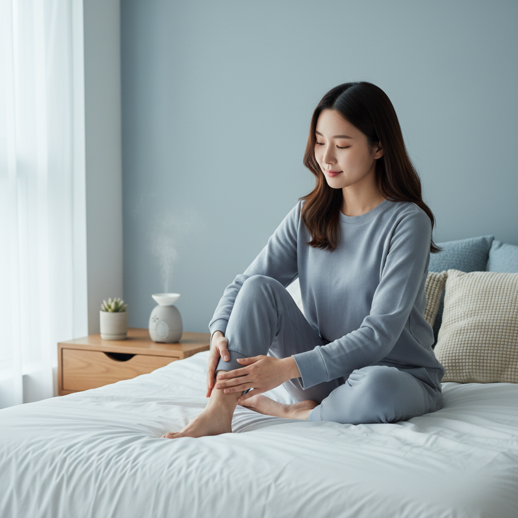 한국인 여성이 침대에 앉아 종아리를 부드럽게 마사지하는 장면