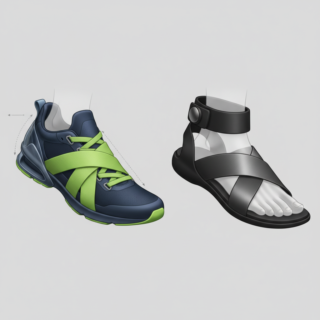 뒷굽과 발등을 단단히 고정하는 신발 구조 비교 장면