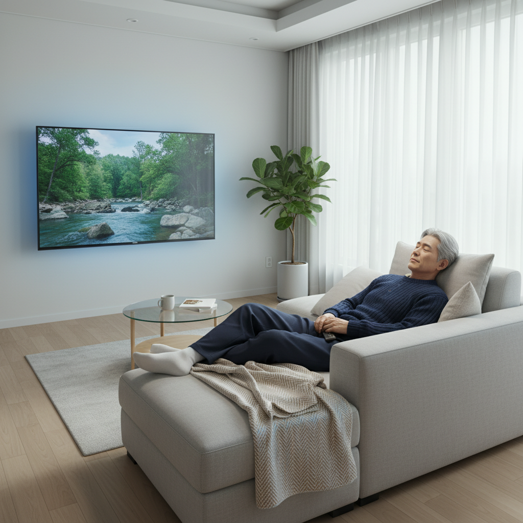 소파에 앉아 TV를 켜둔 채 낮잠을 자고 있는 한국인 실버 세대