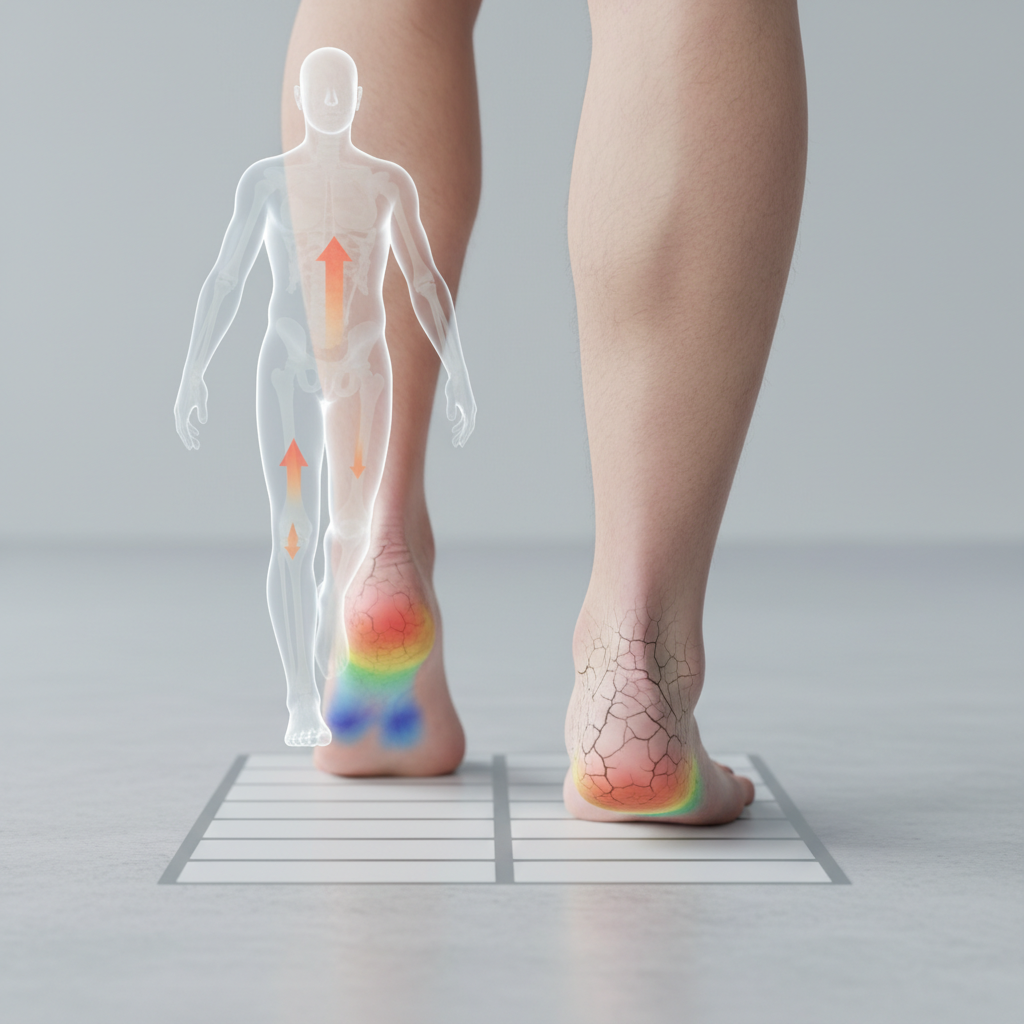 발뒤꿈치 각질이 심하게 갈라진 모습과 보행 시 체중 분산이 불균형한 장면