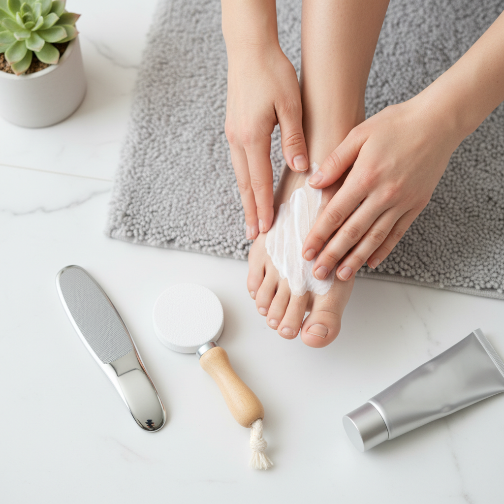 발뒤꿈치에 보습 크림을 바르는 장면과 각질 제거 도구