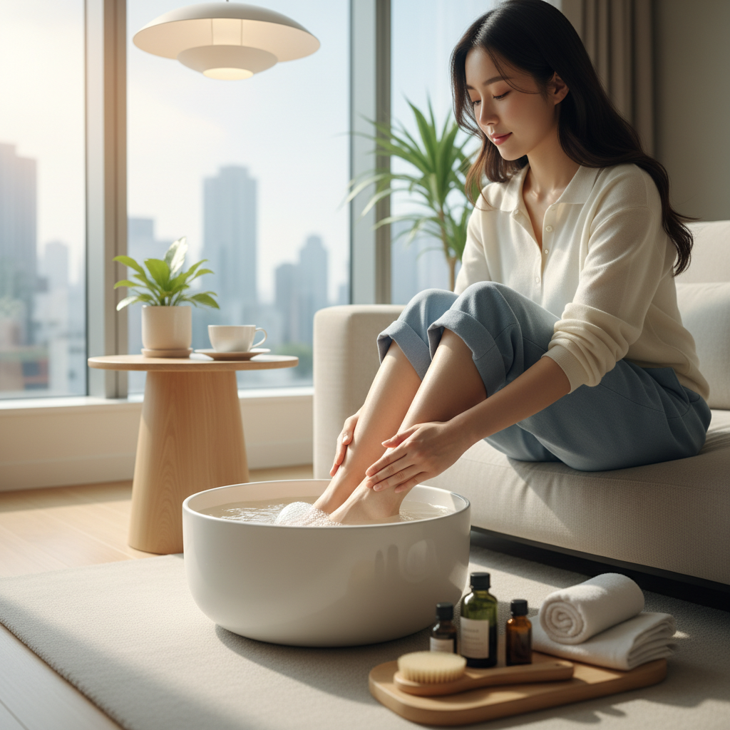 족욕을 하며 발을 관리하는 한국인의 생활 장면