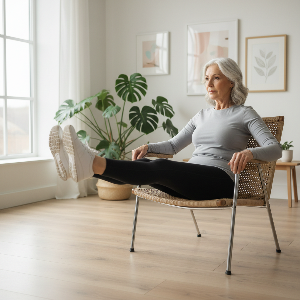 의자에 앉아 다리를 들어올리는 실버 여성의 모습
