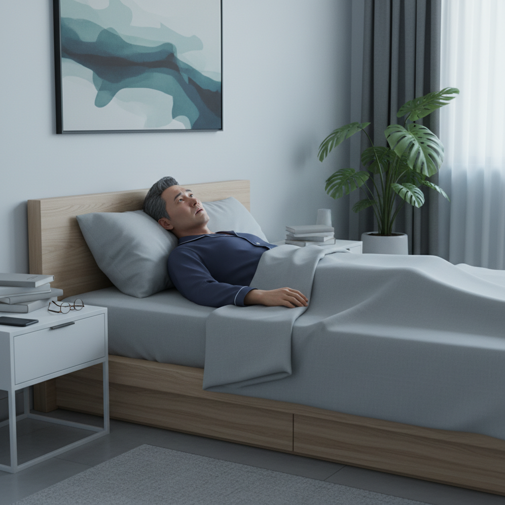 침대에 누워 있는 60대 한국인 남성이 천장을 보며 잠들지 못하는 모습
