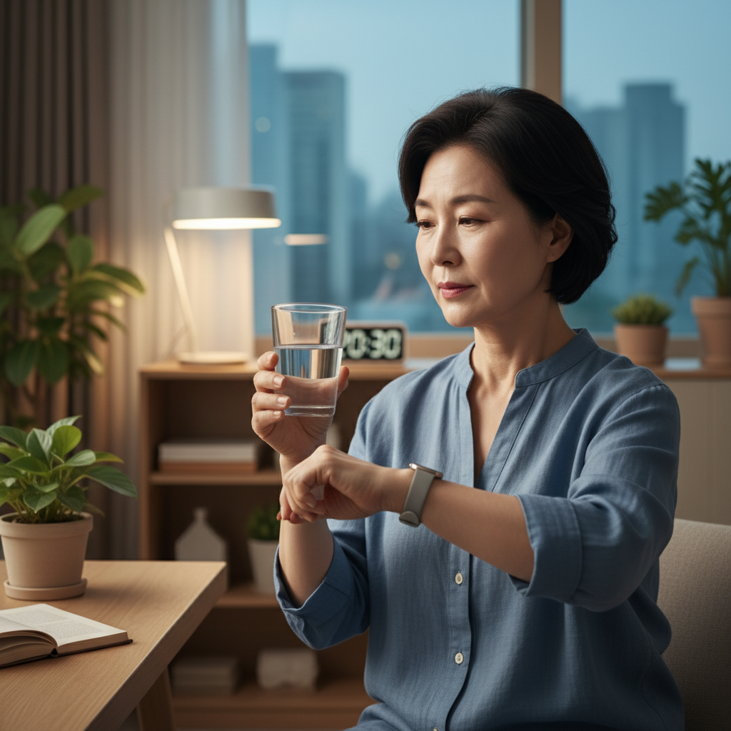 60대 한국인 여성이 저녁 시간 물잔을 들고 시계를 보며 수분 섭취 시간을 확인하는 모습