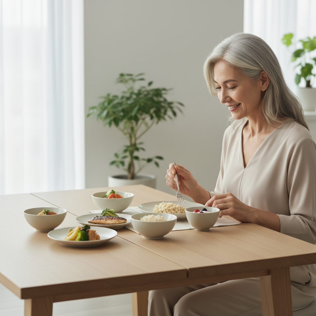 소량 다회 식사를 하는 실버 독자의 식탁 장면