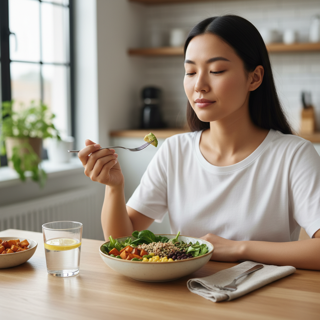 천천히 씹는 습관을 보여주는 식사 장면