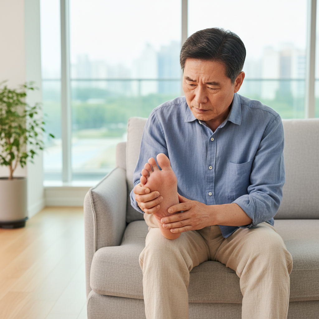 발바닥을 확인하며 통증 부위를 점검하는 70대 한국인 시니어