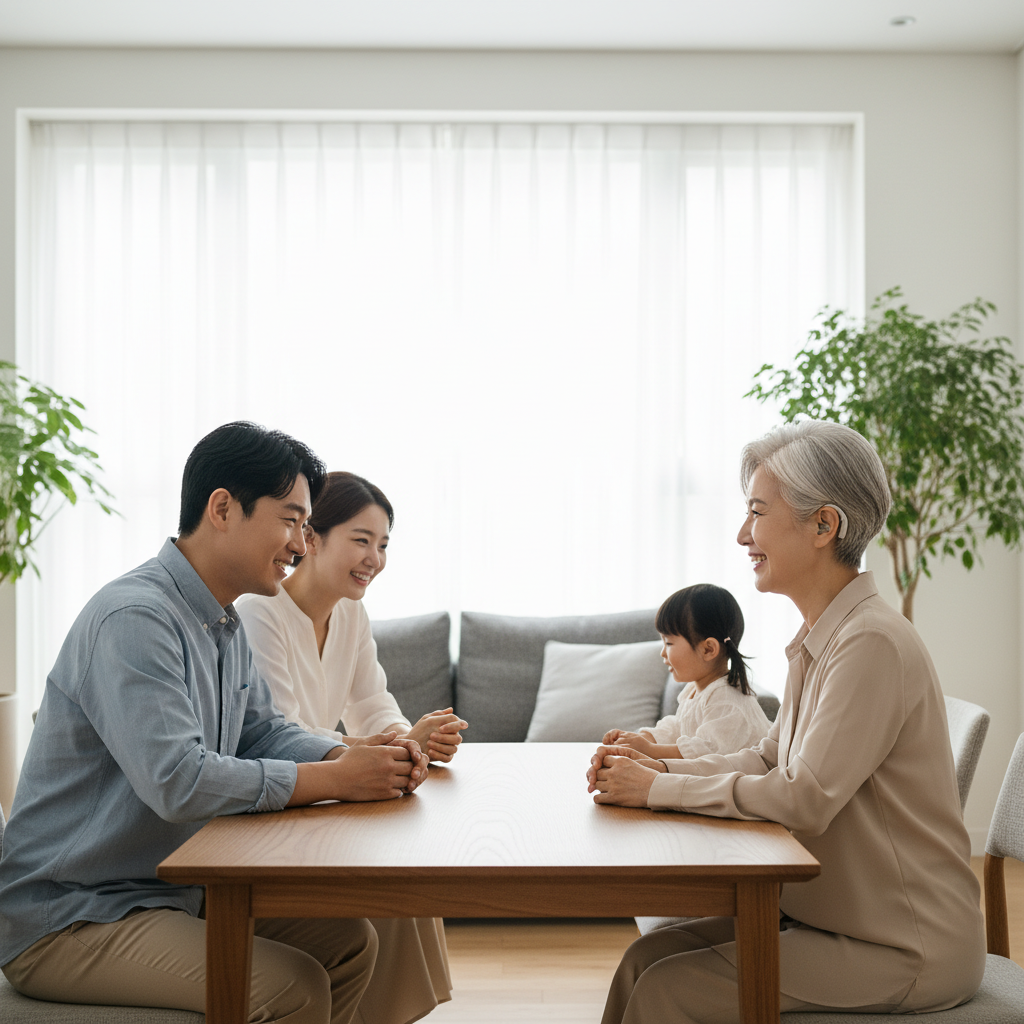 보청기를 착용한 60대 한국인 여성이 가족과 대화하는 장면