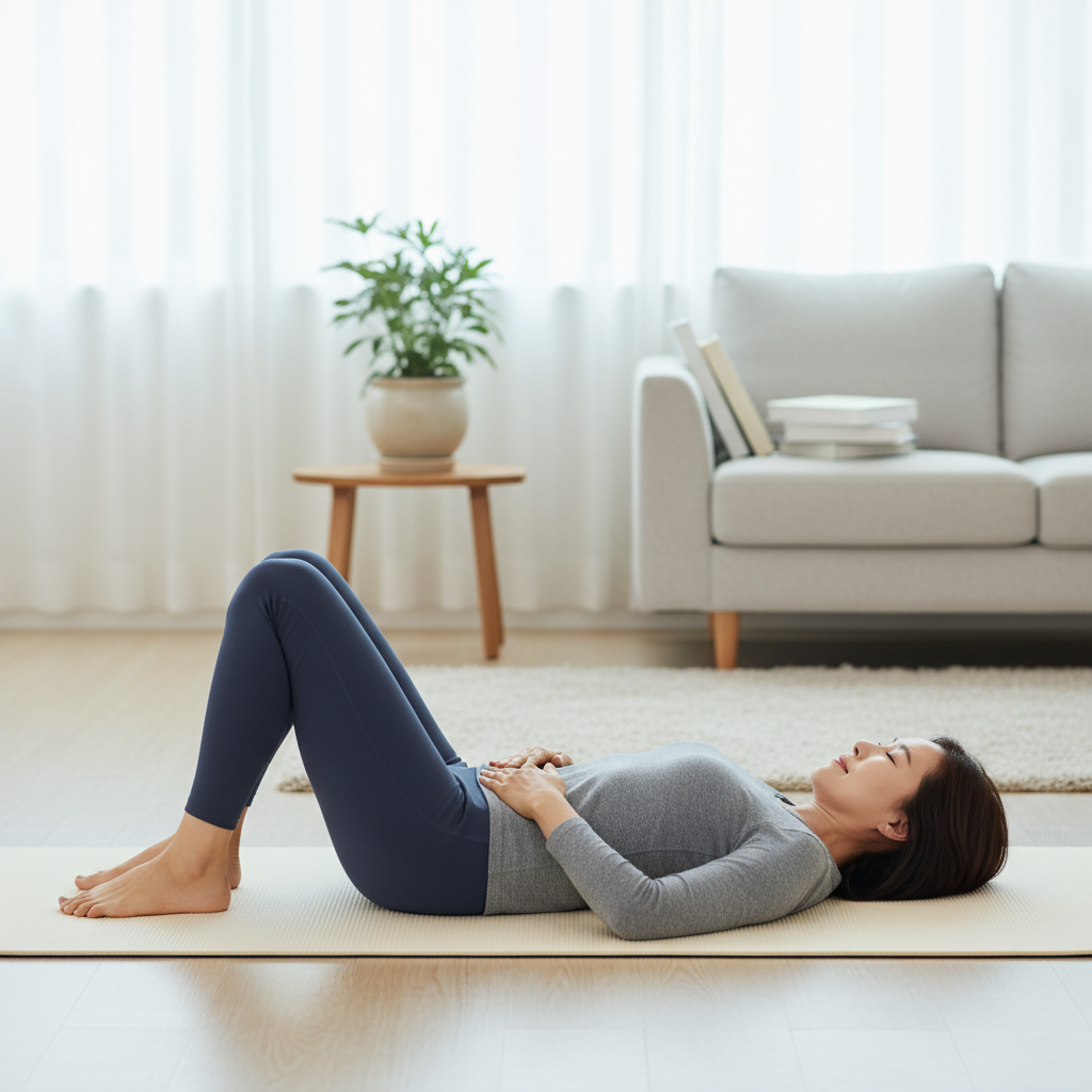 50대 한국인 여성이 집에서 편안한 자세로 케겔 운동을 하는 모습