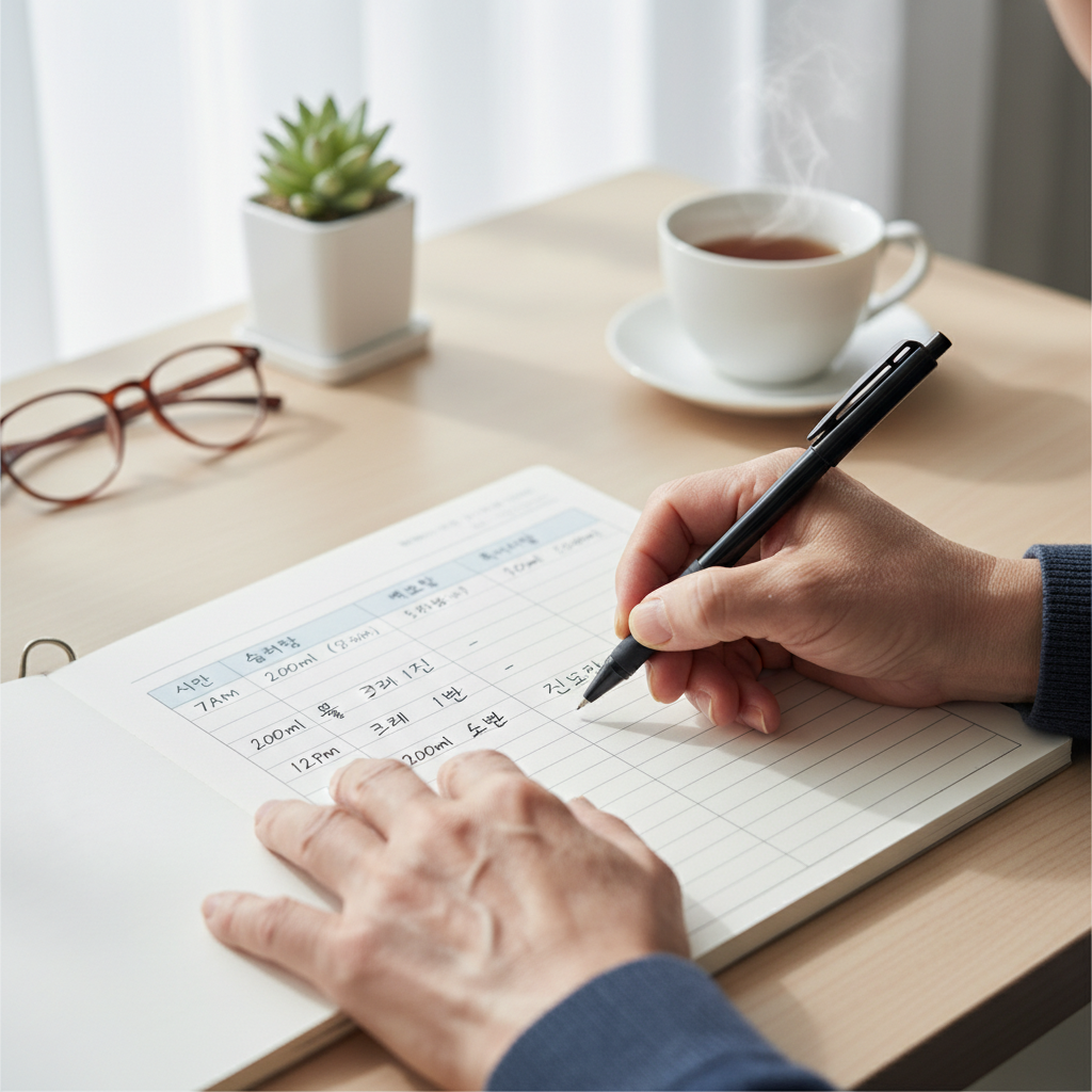 배뇨 일지를 작성하는 한국인 시니어의 손과 노트