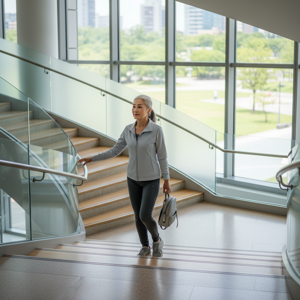 계단을 오르는 시니어의 모습