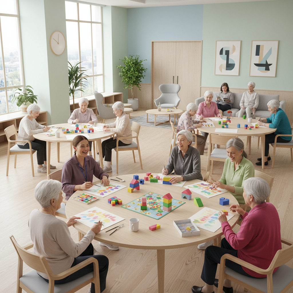 주간보호센터에서 어르신들이 함께 활동하는 밝은 분위기의 실내 풍경