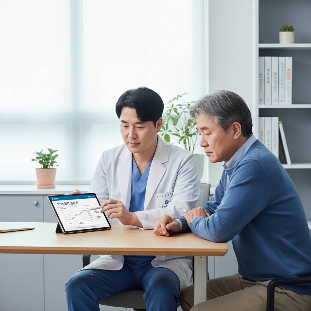 PSA 검사 결과지를 확인하며 상담하는 의사와 환자