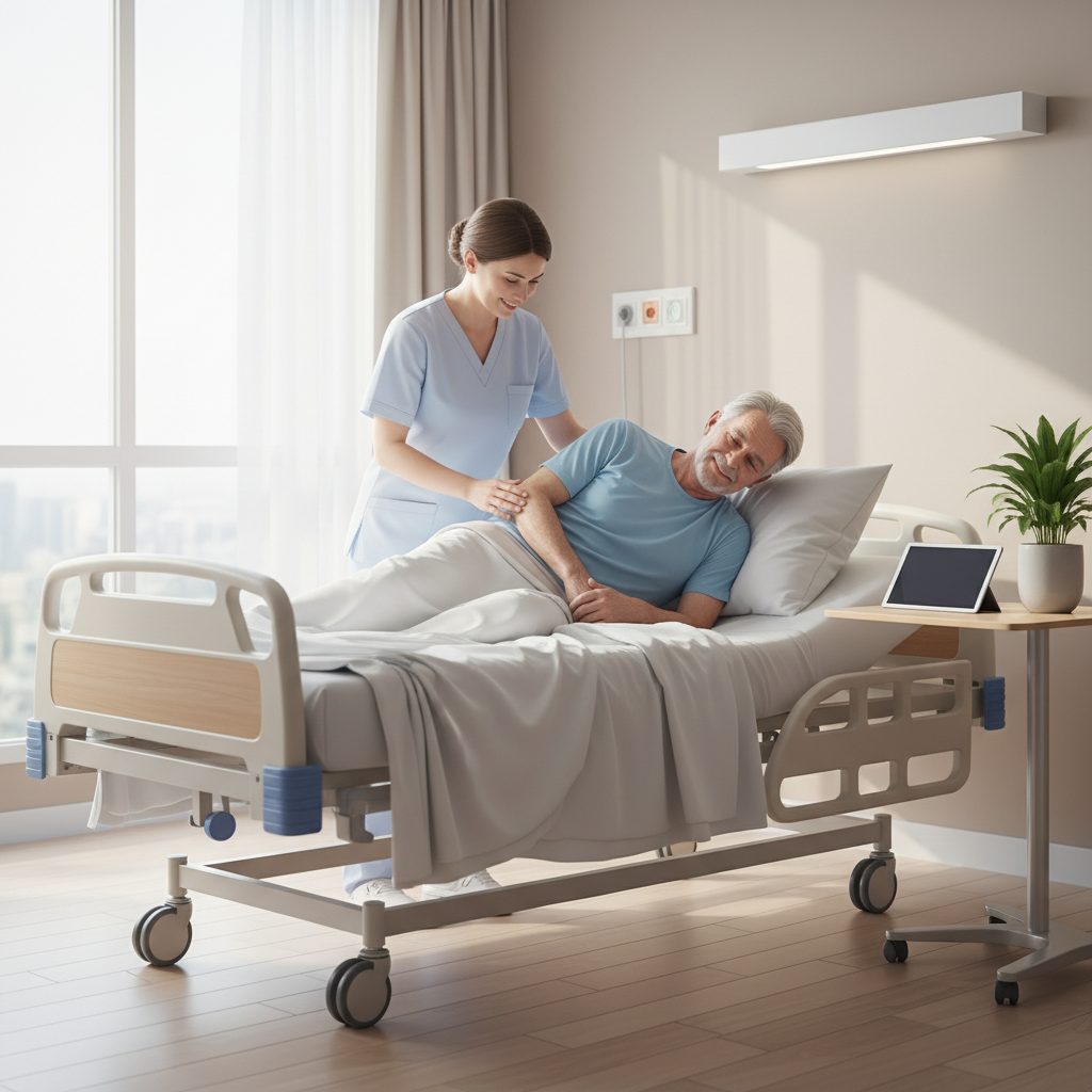 침대에 누워 있는 환자의 체위 변경을 돕는 장면