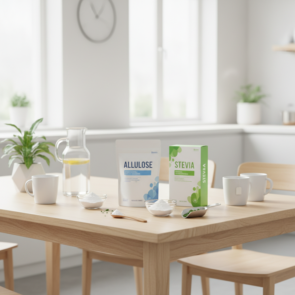 알룰로스와 스테비아 제품이 놓인 식탁 장면