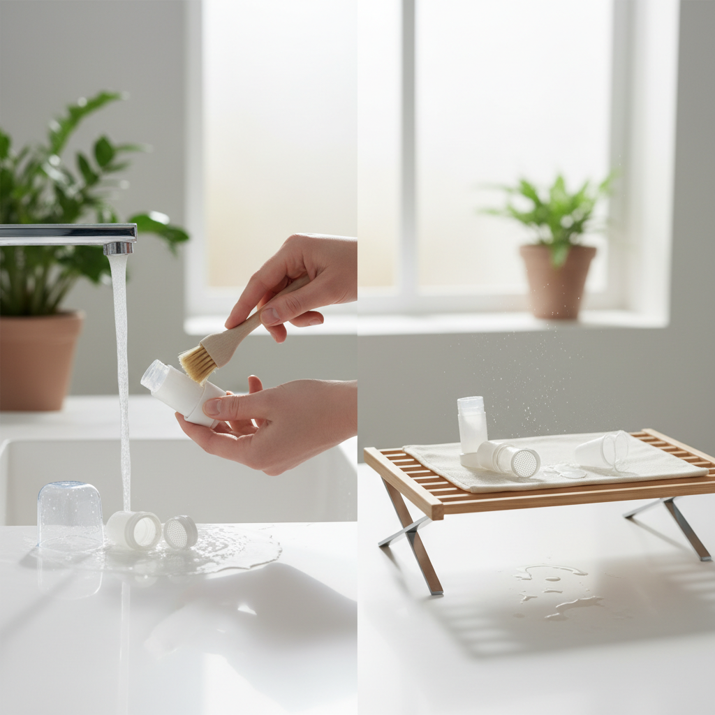 흡입기 분무구를 세척하고 건조시키는 모습