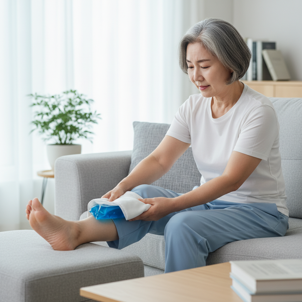 발목 부상 후 냉찜질팩을 대고 있는 한국인 실버 여성의 모습