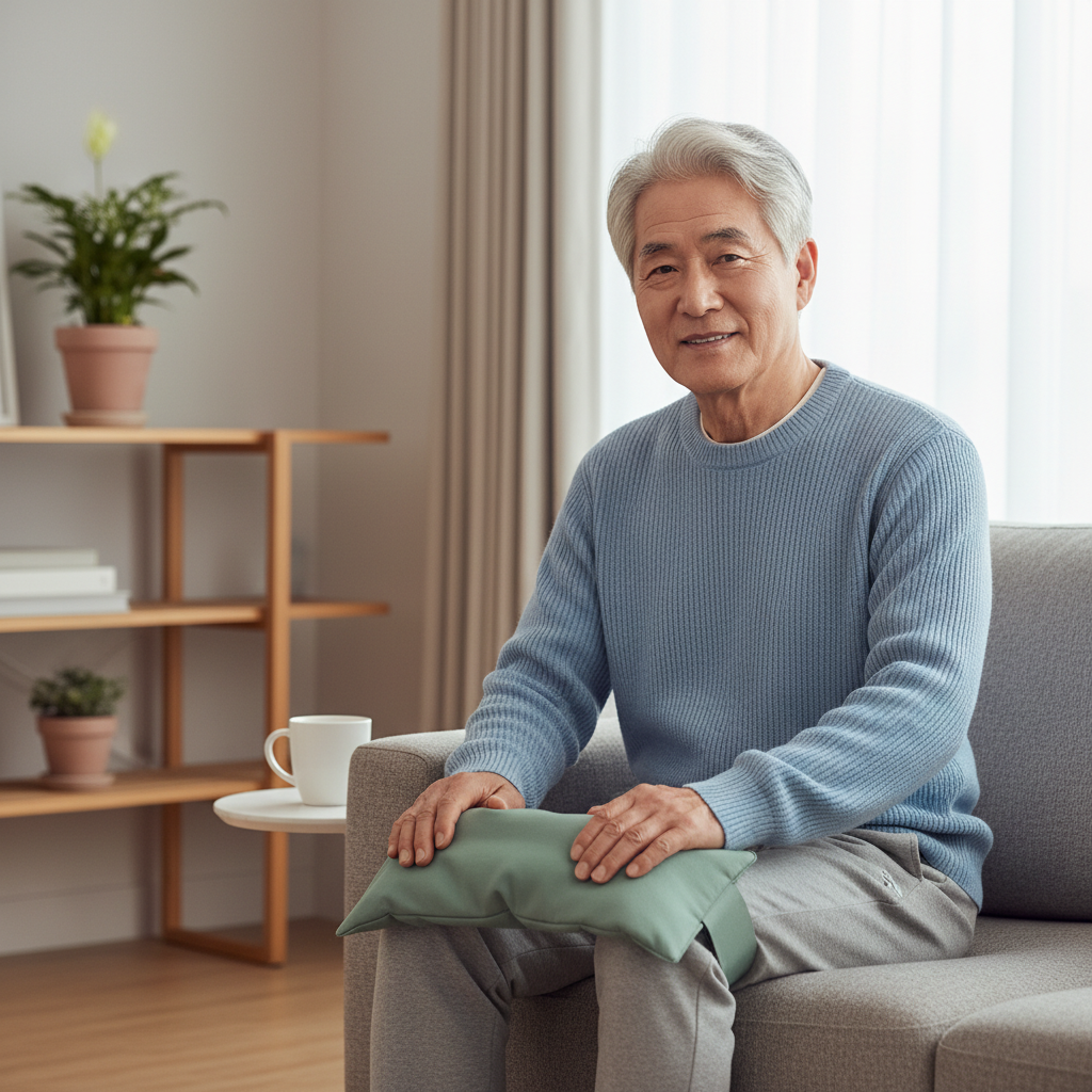 온열팩을 무릎에 대고 있는 한국인 실버 남성의 모습