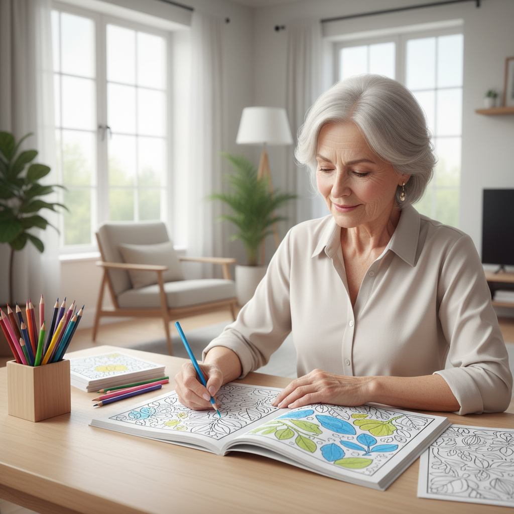 시니어가 색칠공부 도안을 펼쳐놓고 색연필로 색칠하는 장면