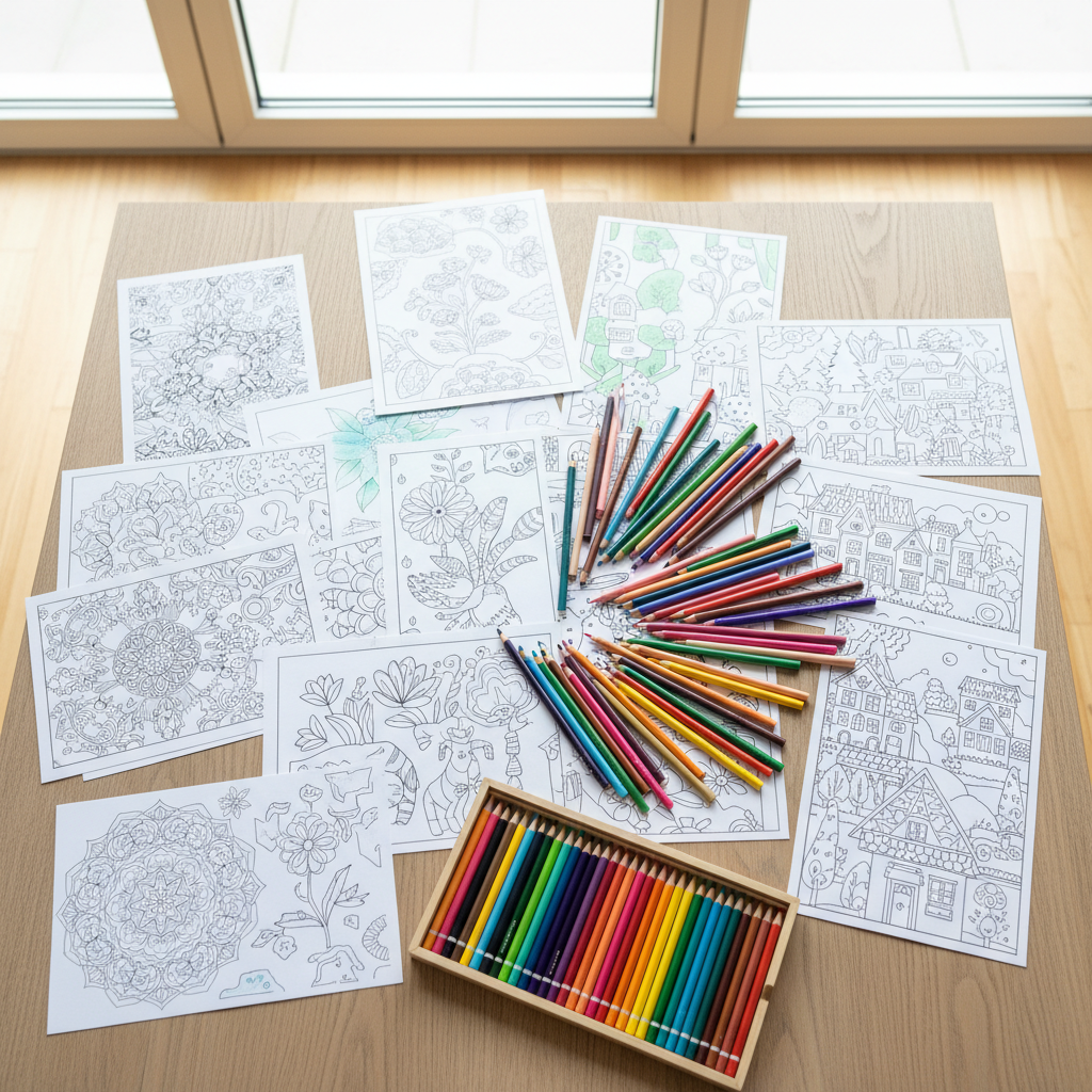 다양한 난이도의 색칠공부 도안과 색연필이 놓인 테이블