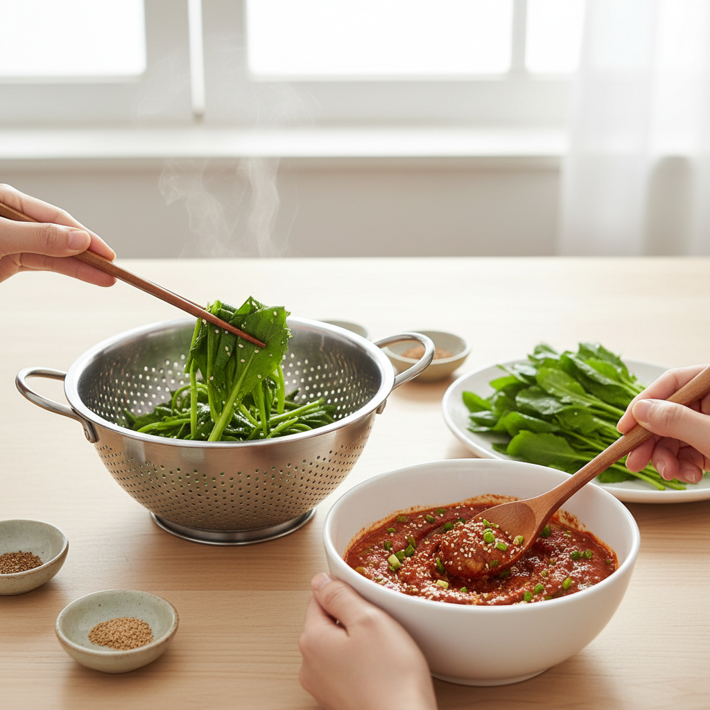 봄나물을 데치고 양념장을 섞는 조리 장면