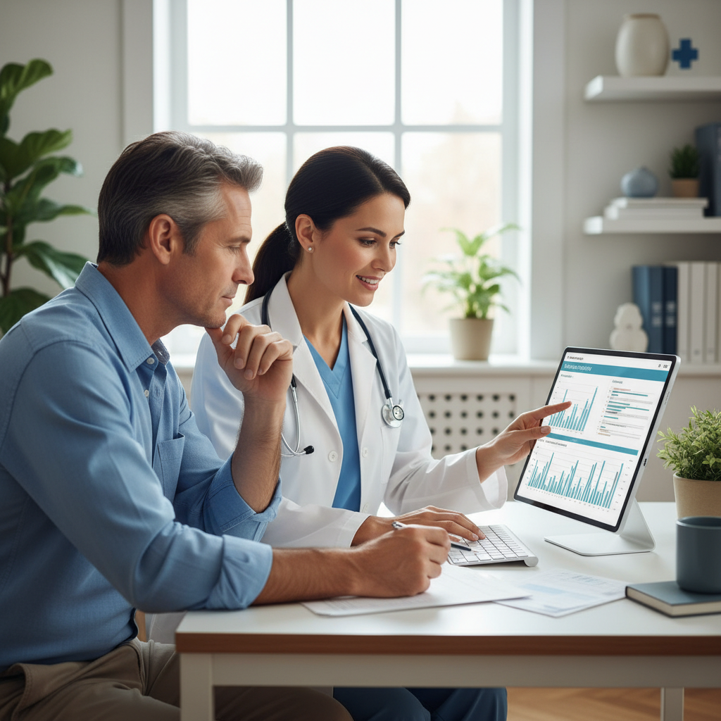 의사와 환자가 처방 이력을 함께 확인하며 대화하는 장면